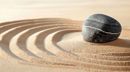 Zen stone with concentric circles on smooth sandy beach