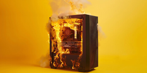A high quality wide image of a burning gaming PC, fire  flames with smoke on a yellow background