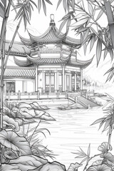 Coloring pages of Japan traditional house with bamboo trees