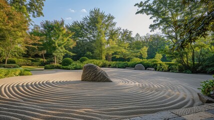 Peaceful zen garden with carefully raked sand patterns