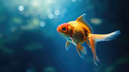 A vibrant goldfish glides through the clear blue water with elegance