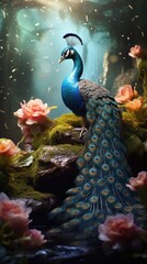 Obraz premium Vibrant peacock, a stunning display of nature's beauty, showcasing the colorful plumage and elegant presence of this majestic, a symbol of grace and elegance.