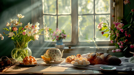 Table with Easter Food - Shining Morning Light and Flowers