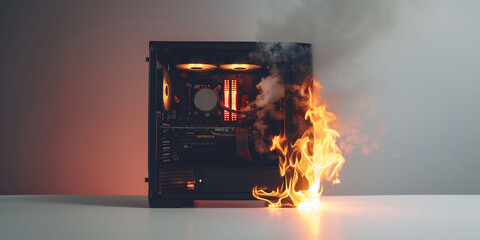 A high quality wide image of a burning gaming PC, fire flames with smoke on a gray background