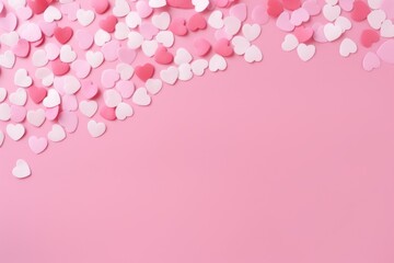 Abstract pink background filled with small heart-shaped confetti, space for text on top.