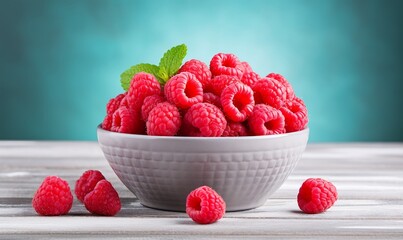 Bowl with fresh raspberries on wooden table, closeup