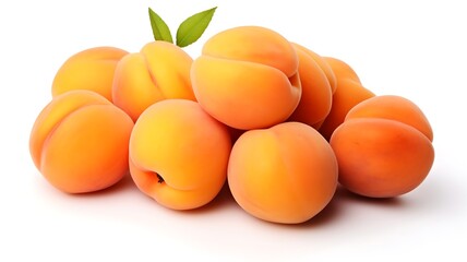 Ripe apricots with leaves isolated on a white background.