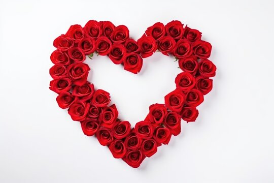 A heart-shaped arrangement of vibrant red roses on a clean white background, symbolizing love and romance.