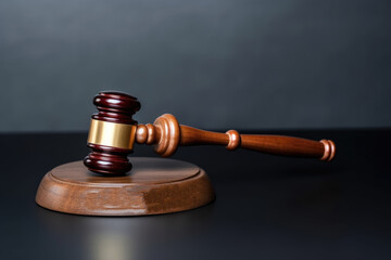 A wooden judge's gavel on a reflective surface with a dark backdrop, symbolizing law and justice. Legal Authority Symbol - Judge's Gavel on Dark Surface