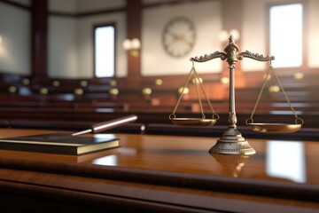Scales of justice and gavel on wooden table in courtroom. Judicial Scales and Gavel on Courtroom Table - obrazy, fototapety, plakaty