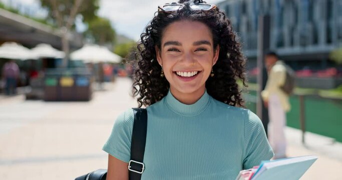 Student, girl and face at campus, outdoor and happy with books, excited and pride for education at college. Gen z person, woman and portrait with smile for learning, study and university in Mexico