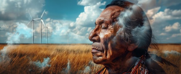 Fototapeta na wymiar Native American elder with painted face, double exposure with wind turbines on a field, symbolizing a blend of tradition and modernity.
