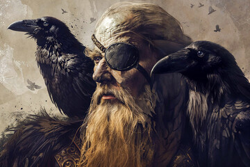 Norse god Odin with his two ravens Huginn and Muninn, mythology