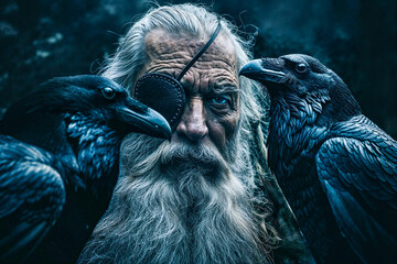 Norse god Odin with his two ravens Huginn and Muninn, mythology