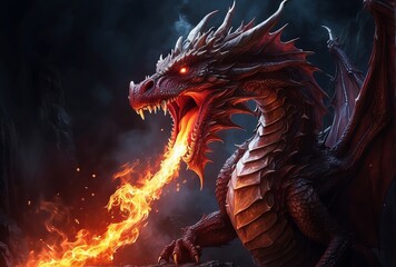 Fierce Fire Dragon Breathing Flames in a Dark Landscape