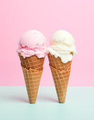 Two Ice Cream Cones Against Pink and Blue Background. Ideal for summer-themed promotions, dessert advertisements, social media posts. Suitable for banners with copy space, flat lay, top view.