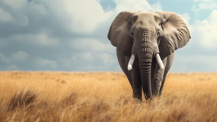 A solitary African elephant stands proudly in the golden savanna grasses