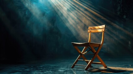 An empty wooden director's chair stands on a stage, spotlighted by dramatic lighting