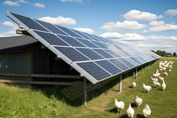 Sustainable agriculture concept showing a farm barn roof equipped with solar panels and a flock of free-range chickens in the foreground.
