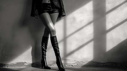 A black and white photograph captures a woman wearing a leather jacket and shorts, complemented by...