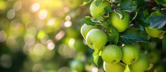 A cluster of ripe green apples hangs from the branches of an apple tree in a garden. The apples are ready for picking, with their vibrant green color shining under the sunlight. - Powered by Adobe
