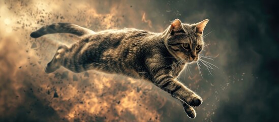 A cat leaps and propels itself through the air, exhibiting a sense of agility and determination. Its body is stretched out as it defies gravity, showcasing a dynamic and thrilling moment. - obrazy, fototapety, plakaty