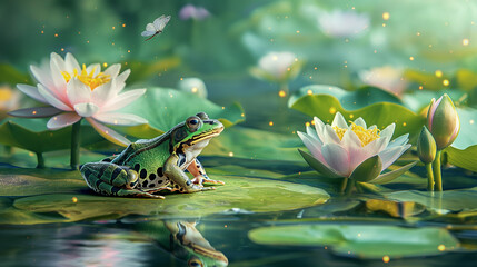 A Green Spotted Frog Sits on a Lily Pad