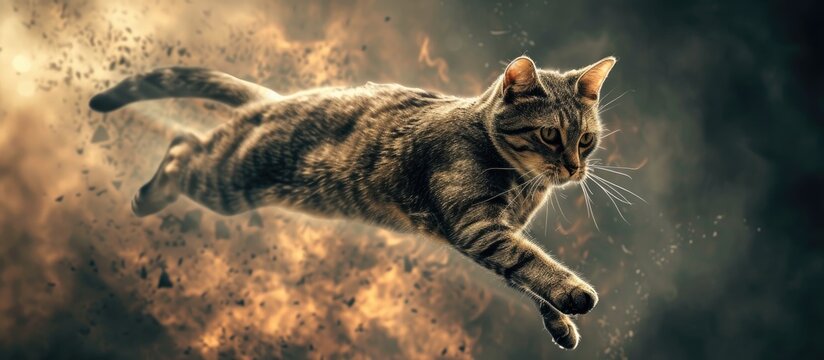 A cat leaps and propels itself through the air, exhibiting a sense of agility and determination. Its body is stretched out as it defies gravity, showcasing a dynamic and thrilling moment.