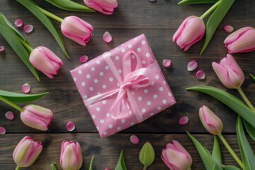 Mother's Day gift surrounded with pink tulips on a wooden table, top view, closeup, happy mother's day decoration