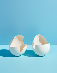 An empty eggshell offering imaginative space on a pastel blue setting, encapsulating a minimalistic concept for the Easter holiday.