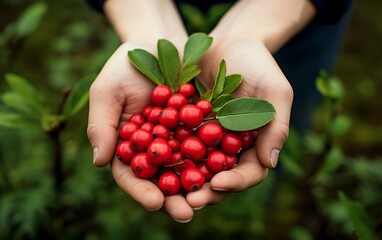 Fresh Bearberry. Hand holding Bearberry fruits