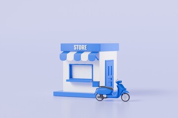 3d online shopping delivery and fast delivery concept. Minimal cartoon blue shop store building with motor or scooter delivery car with order cardboard box icon symbol. 3d rendering illustration.