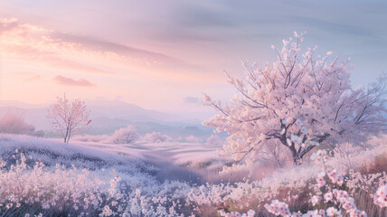Enchanting Cherry Blossom Landscape at Dawn