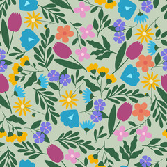 Colorful floral seamless pattern. Hand drawn flat flowers scattered on green background. Cheerful bright wildflowers raster allover backdrop. A lot of leaves branches and blue, pink and purple flowers