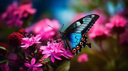 Vibrant Blue Butterfly Bathing in Morning Sunlight on a Pink Flower – A Majestic Example of Mother Nature's Artistry