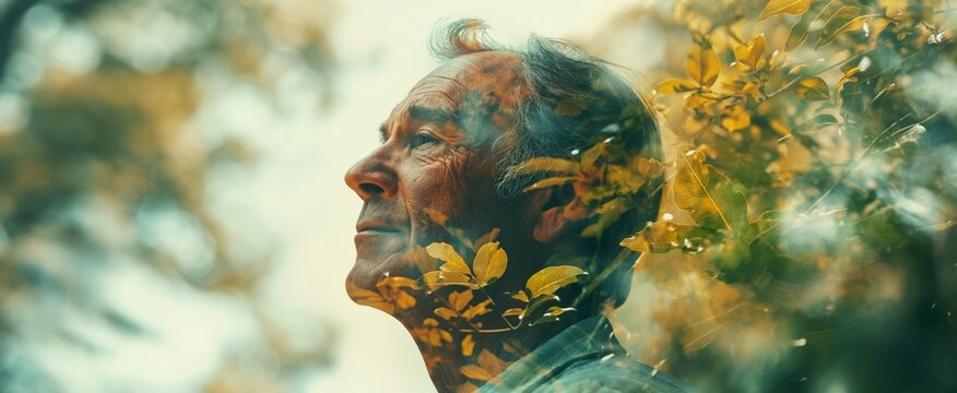 Pensive senior brunette man with glasses, double exposure with sunlit foliage, symbolizing wisdom and connection with nature.