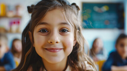 Cute little girl smiling and looking at camera in elementary school classroom