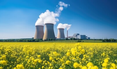a nuclear power plant from a distance, surrounded by nature
