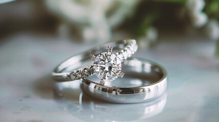 wedding rings with diamonds on a light background. close-up