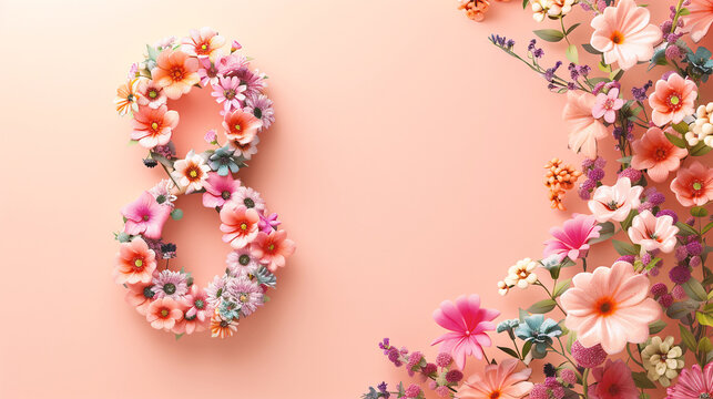 8 march international womens day concept with flowers on pink background.