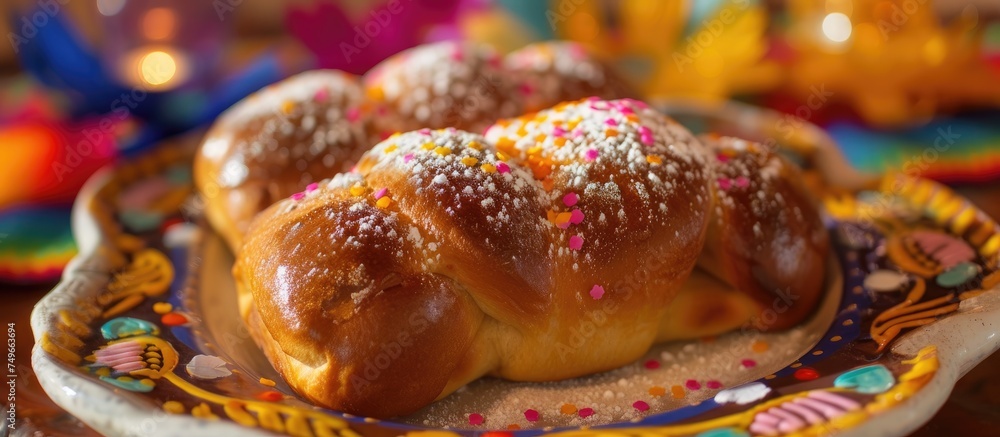 Poster a close-up view of a plate filled with colorful doughnuts topped with sprinkles. the doughnuts are t