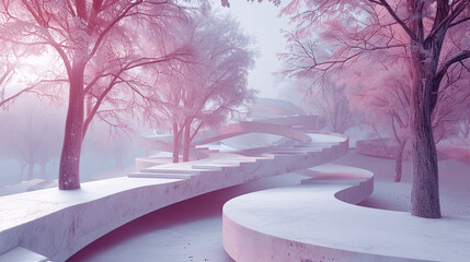 Surreal Winter Landscape with Serpentine Pathway and Pink Fog