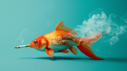 Goldfish with cigarette on turquoise background