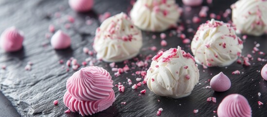 A close-up view of a plate filled with white chocolate and strawberry truffles alongside pink meringue kisses, all set against a black stone background.