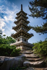 Fototapeta premium Stone pagoda in the park, with blue sky and white clouds