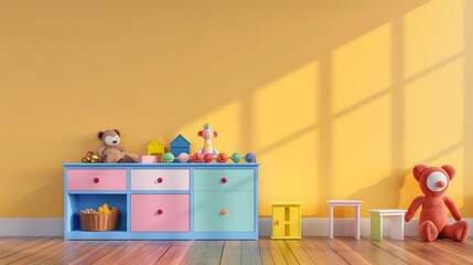 little children boys or girls bedroom furniture interior design with toys and colorful cabinets,...