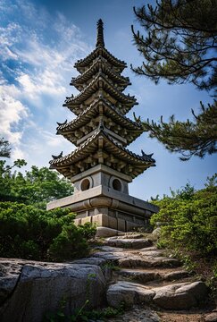 Stone pagoda in the park, with blue sky and white clouds