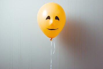 Funny yellow balloon with smiley face on white wall background.