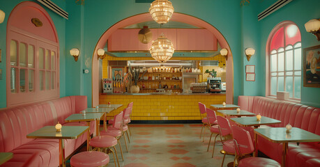 Vintage Diner Interior with Pink Booths and Retro Decor
