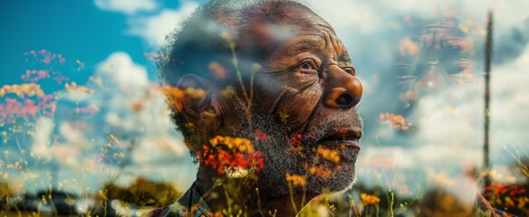 Elderly African American man with thoughtful eyes, double exposure with vibrant green leaves, exuding resilience and depth.